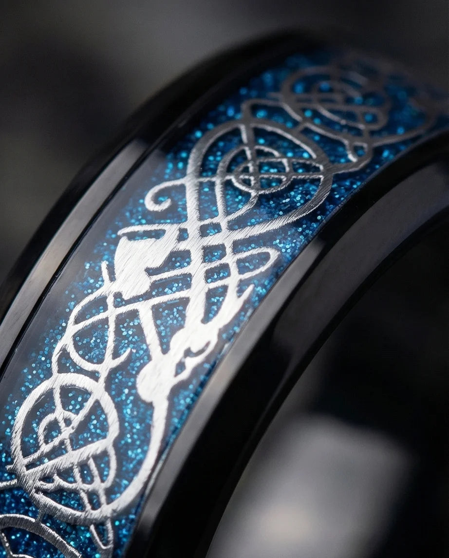 Stardust Blue Celtic Knot Black Tungsten Ring