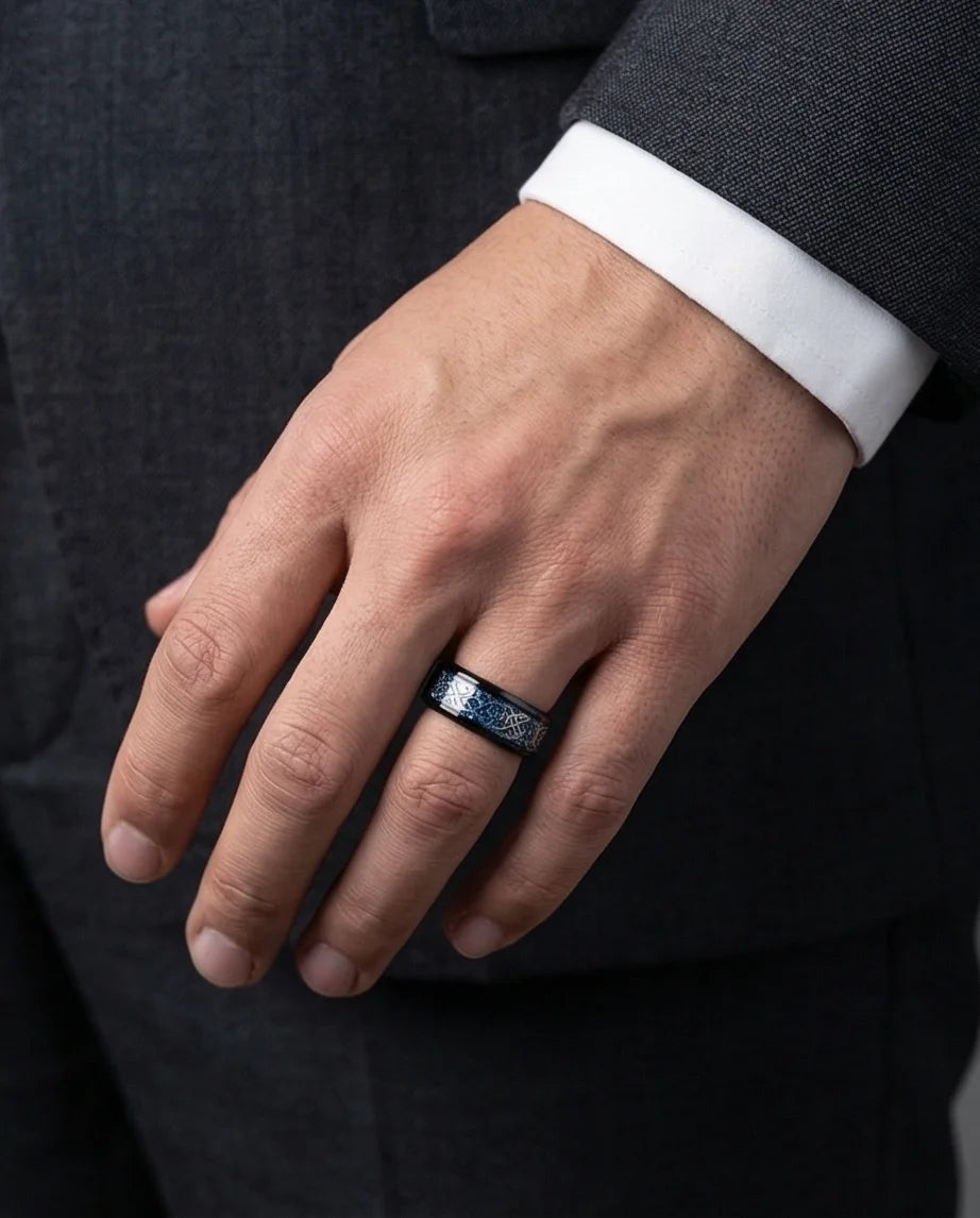 Stardust Blue Celtic Knot Black Tungsten Ring
