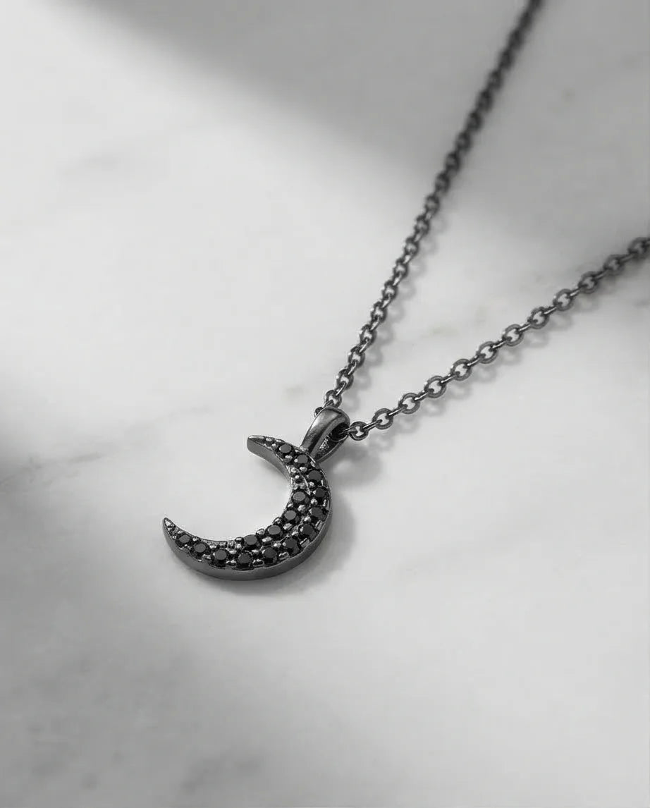 The Midnight Crescent: Black Zirconia Moon Necklace