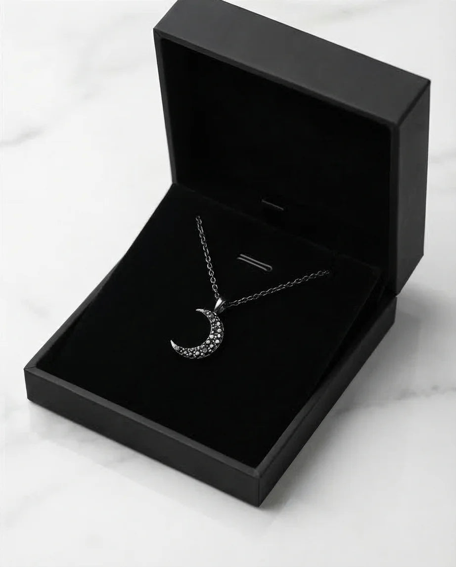 The Midnight Crescent: Black Zirconia Moon Necklace