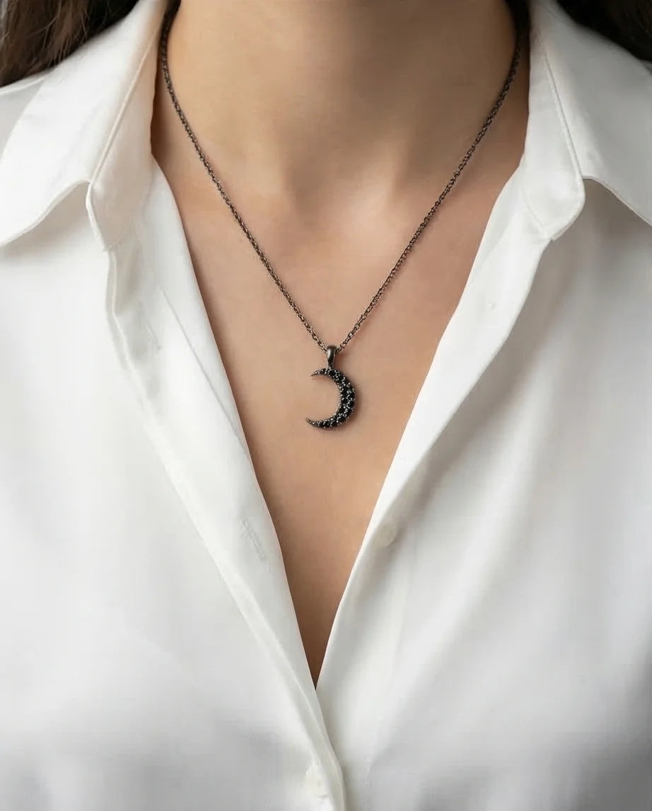 The Midnight Crescent: Black Zirconia Moon Necklace