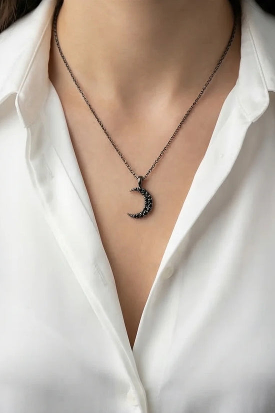 The Midnight Crescent: Black Zirconia Moon Necklace