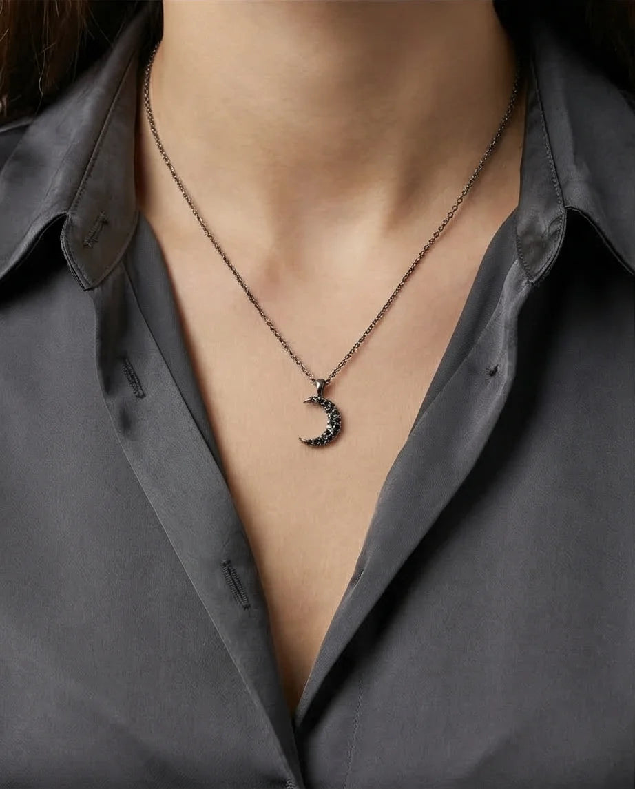 The Midnight Crescent: Black Zirconia Moon Necklace