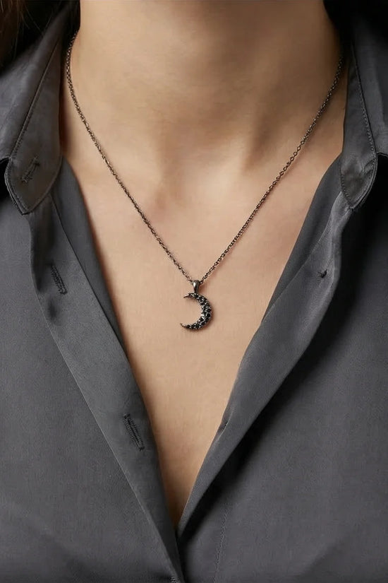The Midnight Crescent: Black Zirconia Moon Necklace