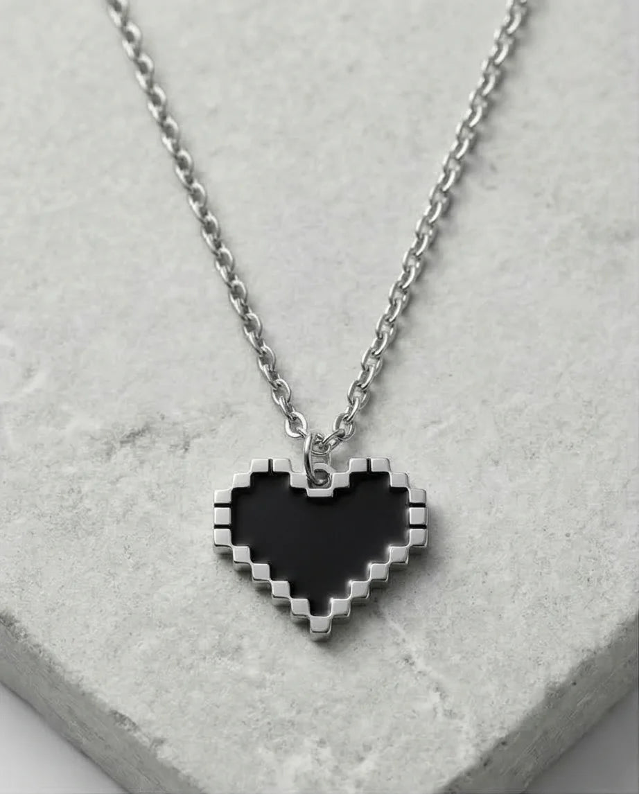 Obsidian Heart: Pixelated Industrial Pendant