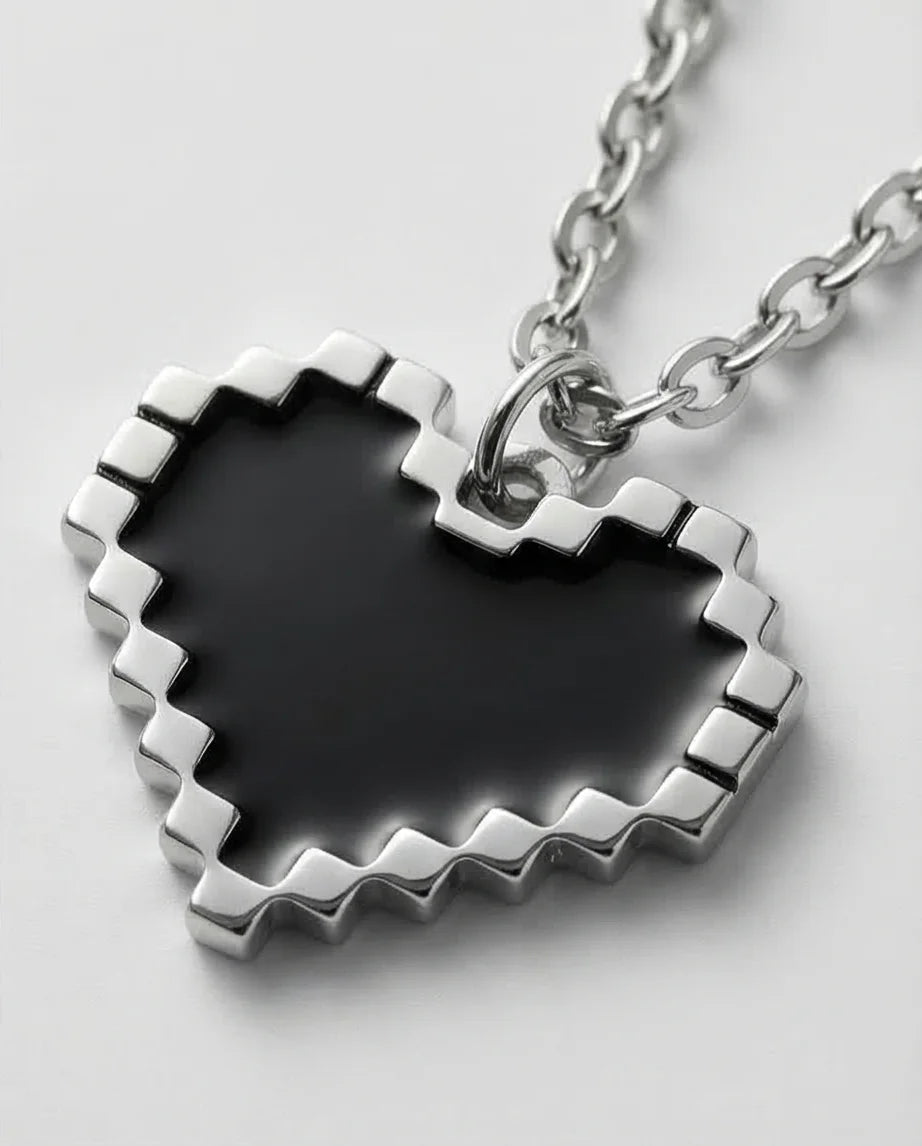 Obsidian Heart: Pixelated Industrial Pendant