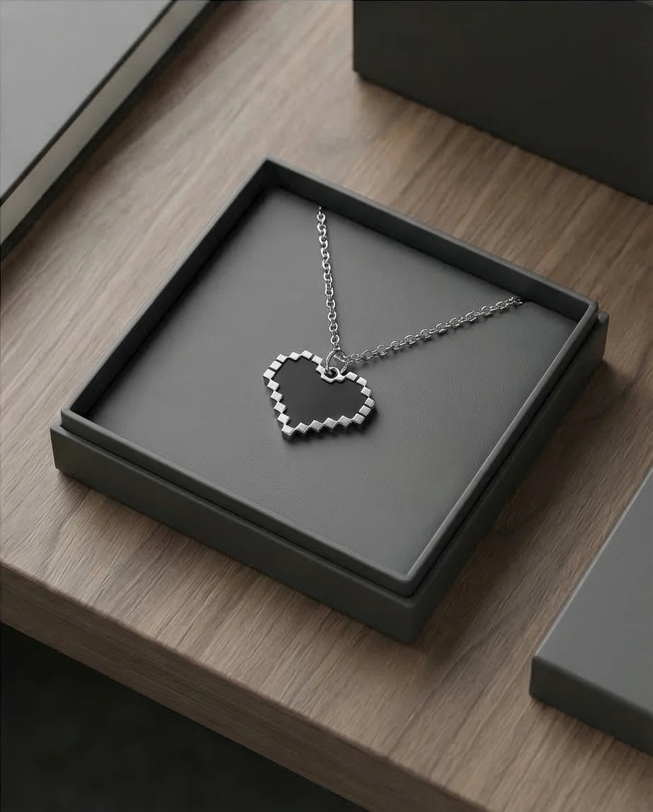 Obsidian Heart: Pixelated Industrial Pendant