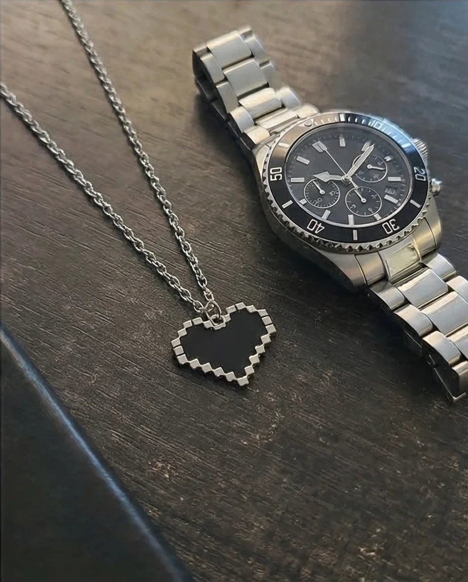 Obsidian Heart: Pixelated Industrial Pendant