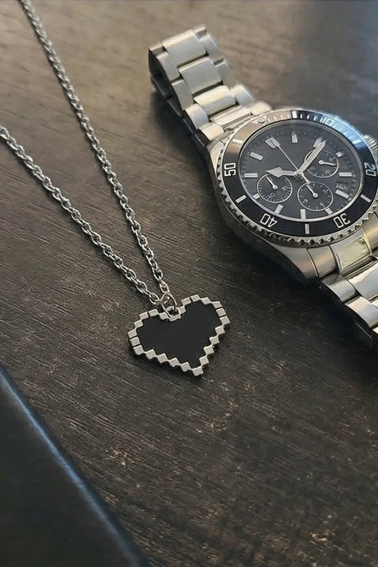 Obsidian Heart: Pixelated Industrial Pendant