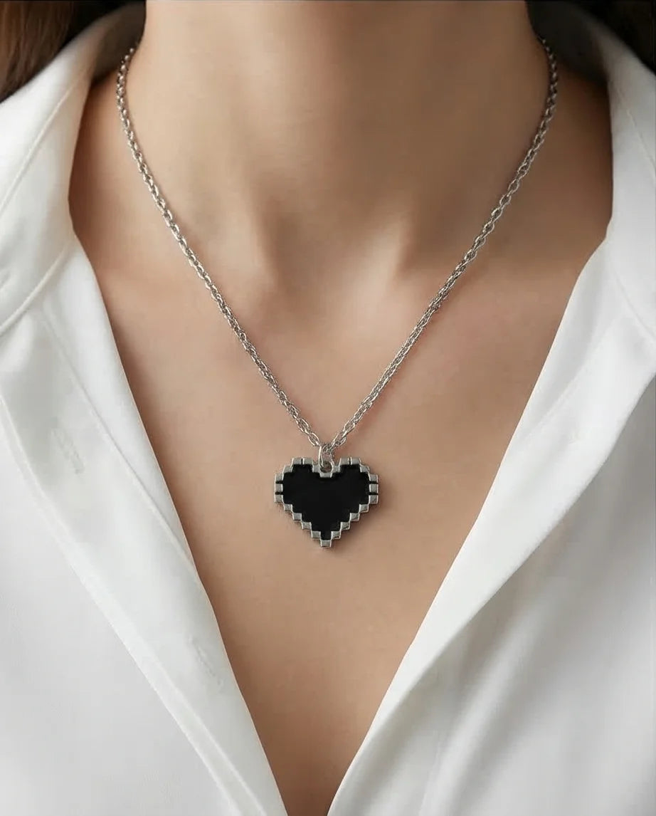 Obsidian Heart: Pixelated Industrial Pendant