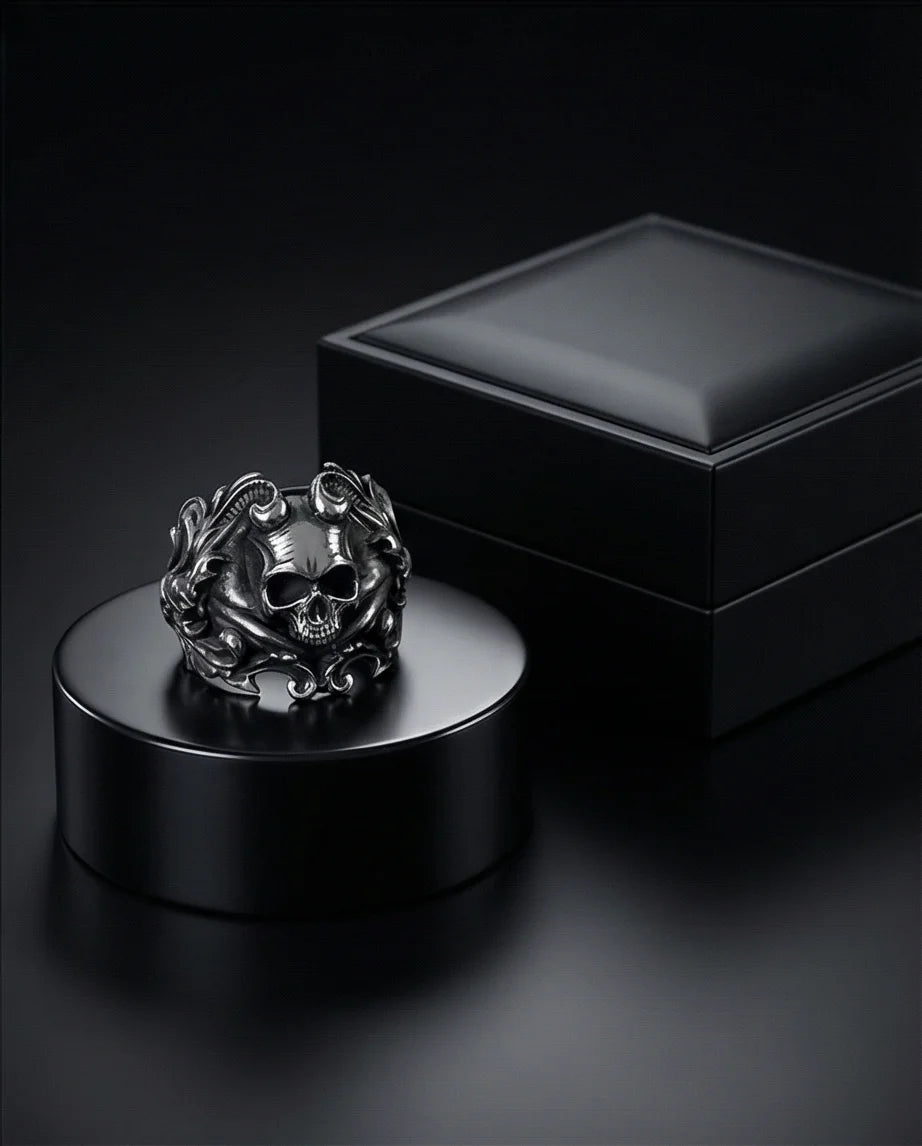 Sovereign Shadow: Ornate Horned Skull Ring