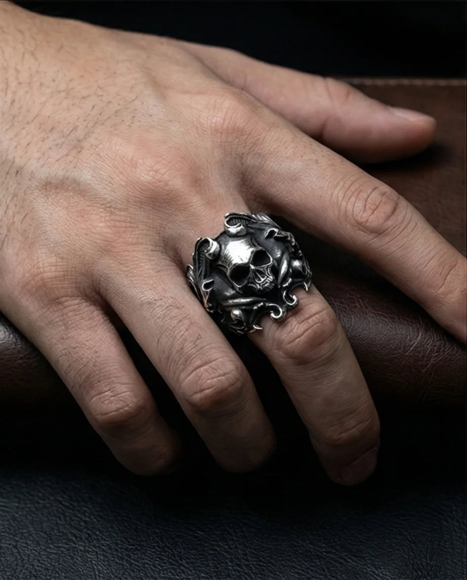 Sovereign Shadow: Ornate Horned Skull Ring