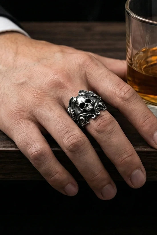 Sovereign Shadow: Ornate Horned Skull Ring