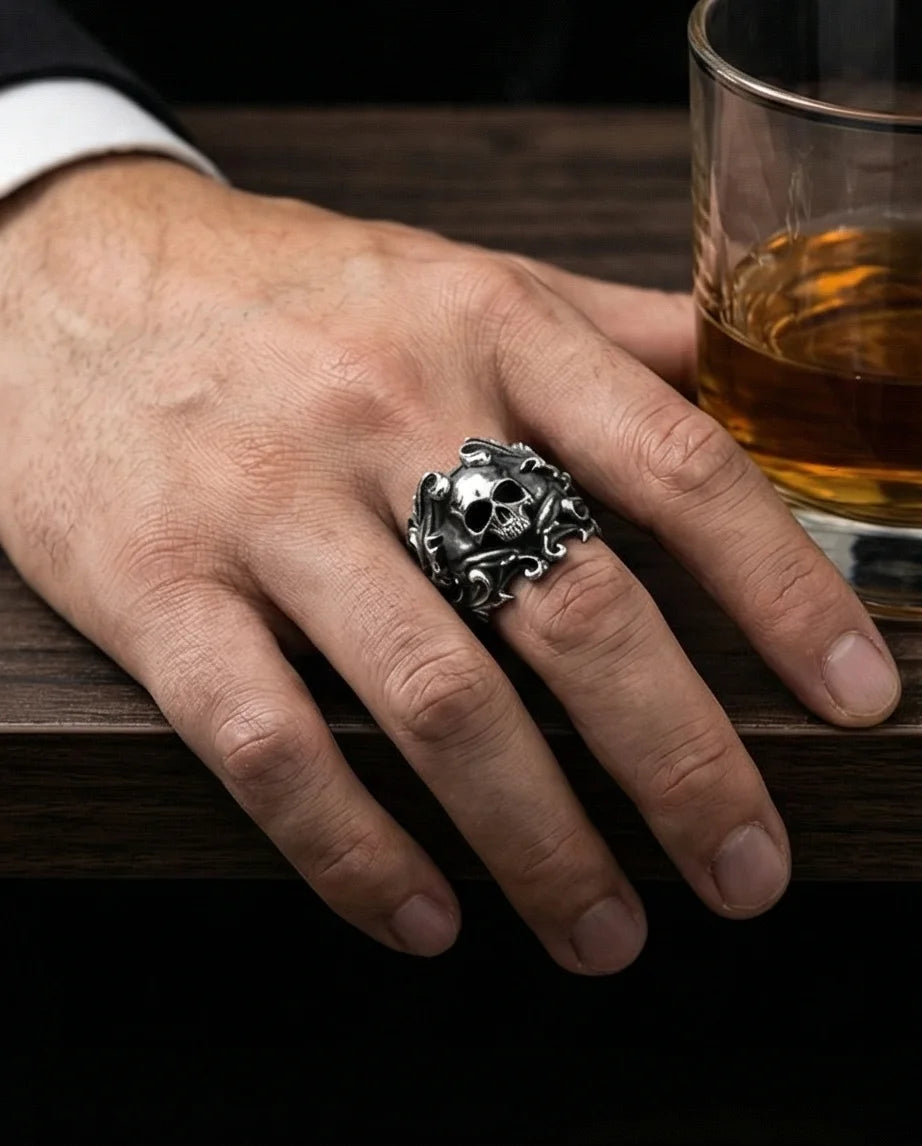 Sovereign Shadow: Ornate Horned Skull Ring