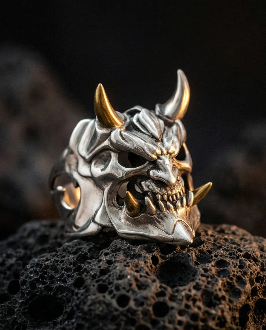 The Golden Horned Oni Mask Ring