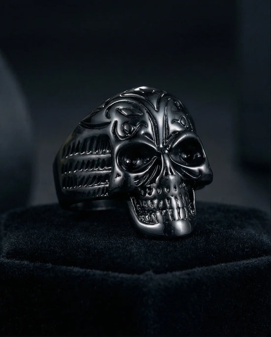 Shadow Sovereign: Ornate Black Skull Statement Ring