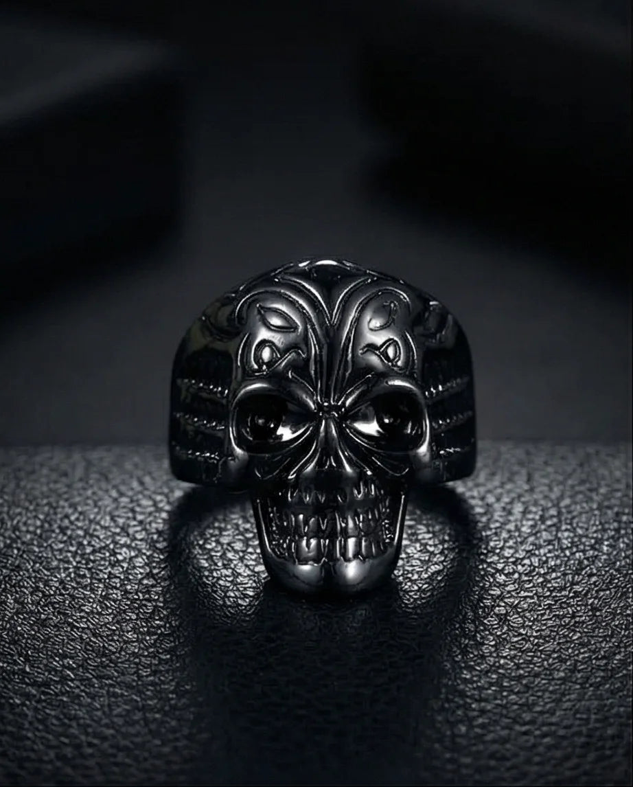 Shadow Sovereign: Ornate Black Skull Statement Ring