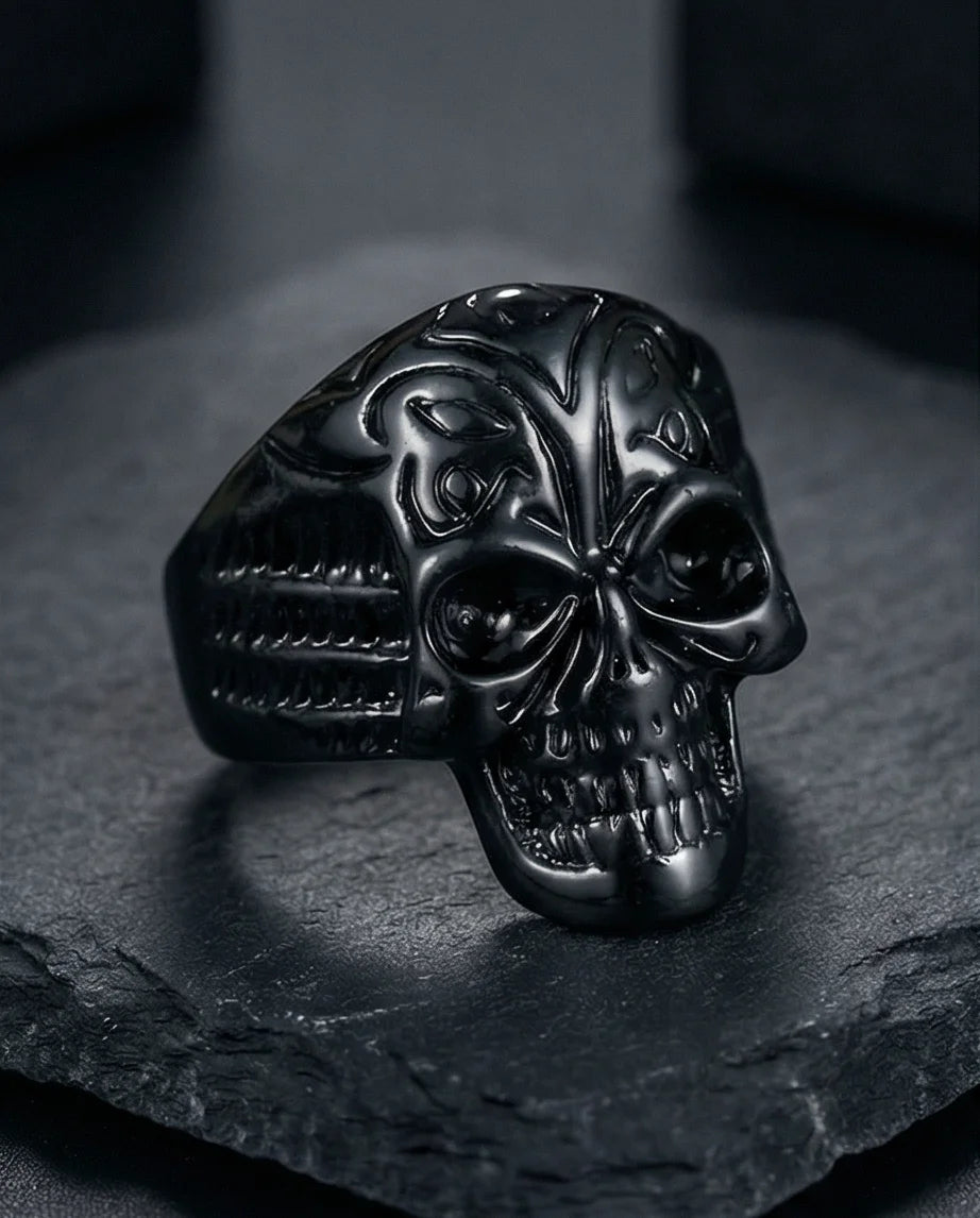 Shadow Sovereign: Ornate Black Skull Statement Ring