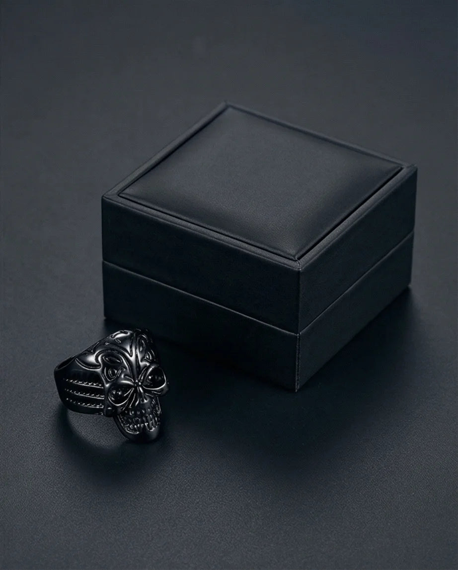 Shadow Sovereign: Ornate Black Skull Statement Ring