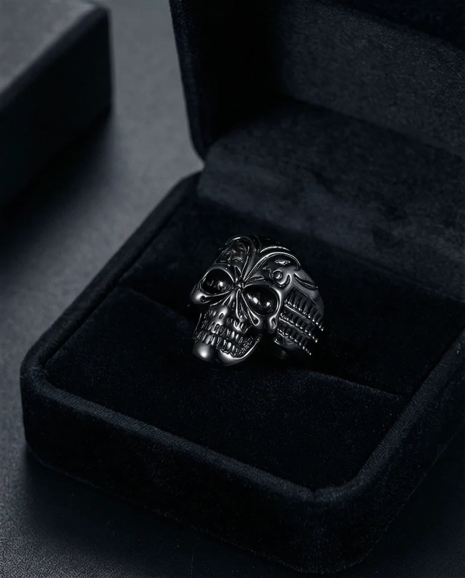 Shadow Sovereign: Ornate Black Skull Statement Ring
