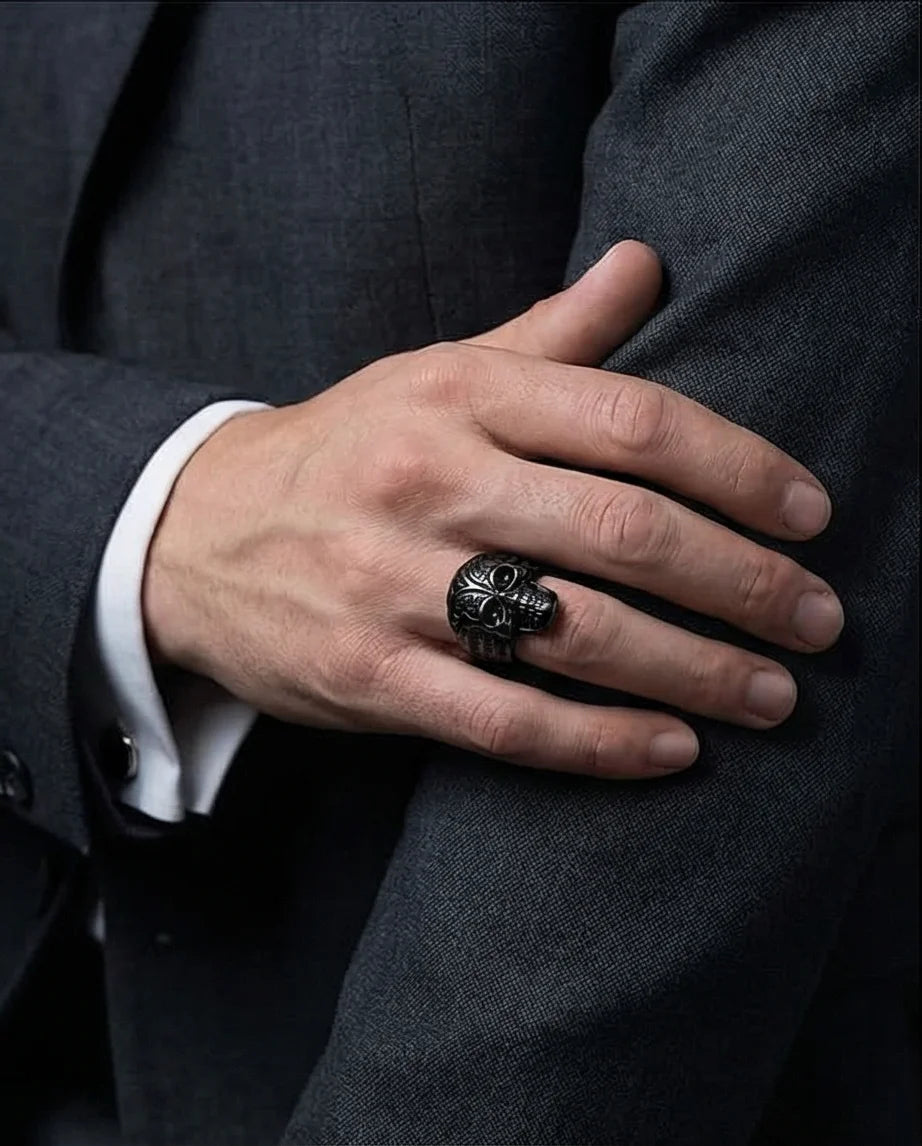 Shadow Sovereign: Ornate Black Skull Statement Ring