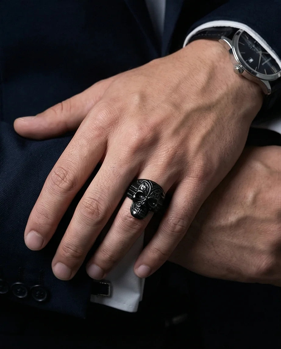 Shadow Sovereign: Ornate Black Skull Statement Ring