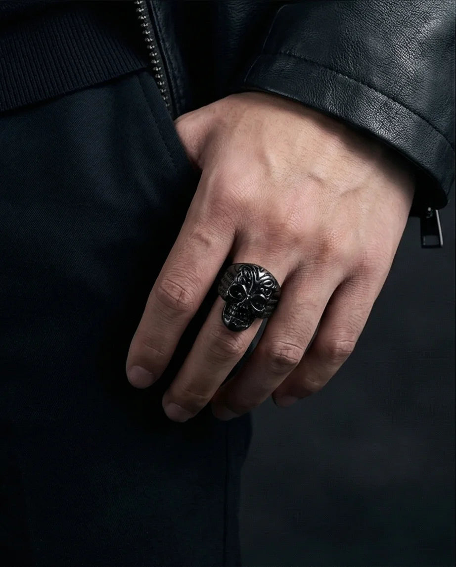 Shadow Sovereign: Ornate Black Skull Statement Ring