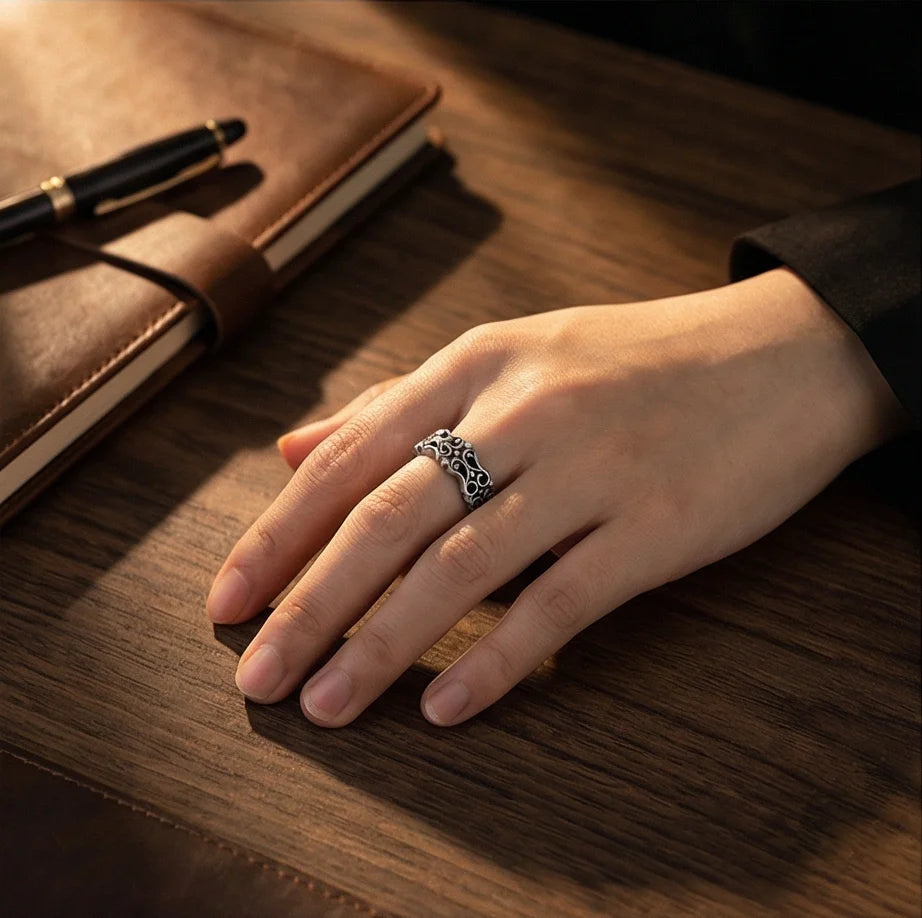 Vintage Filigree: Detailed Scrollwork Adjustable Ring