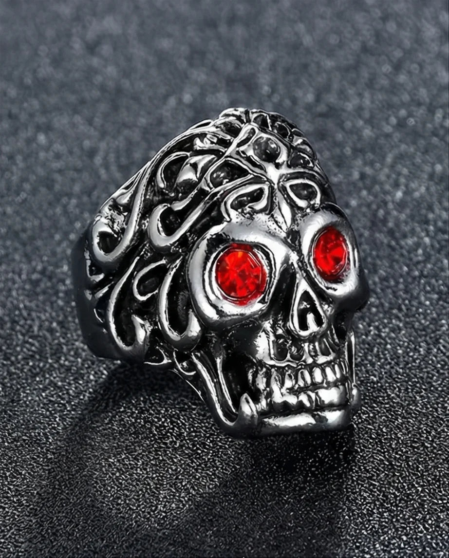 The Crimson Gaze: Gothic Skull Statement Ring