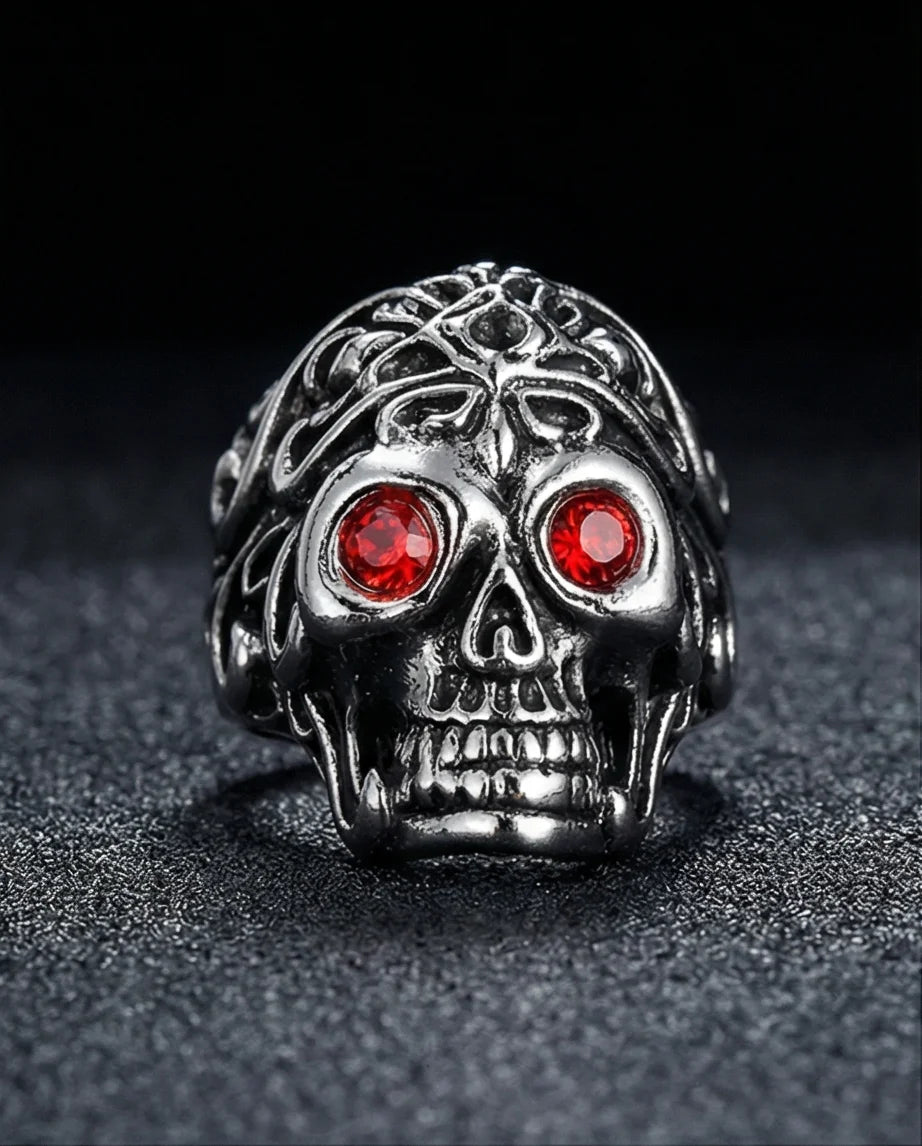 The Crimson Gaze: Gothic Skull Statement Ring