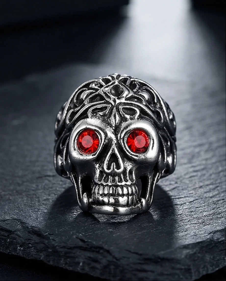 The Crimson Gaze: Gothic Skull Statement Ring