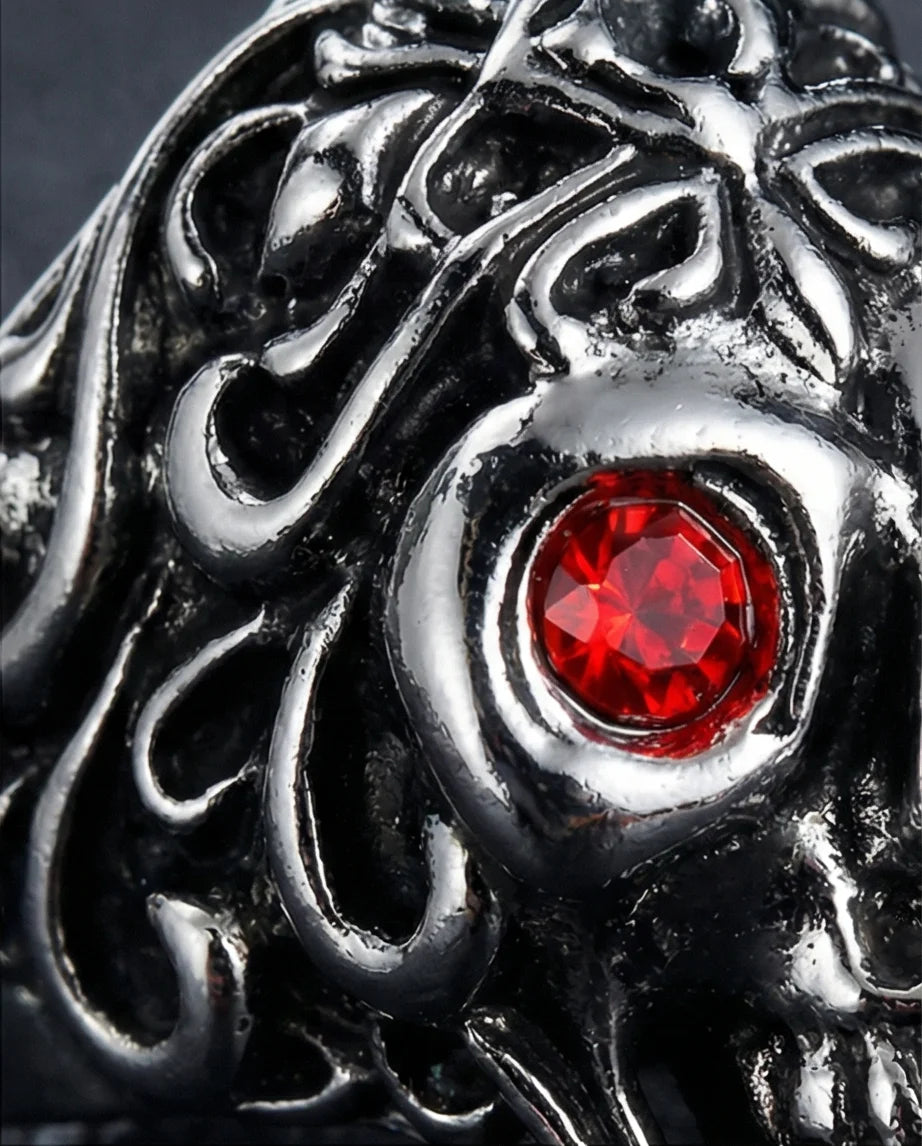 The Crimson Gaze: Gothic Skull Statement Ring