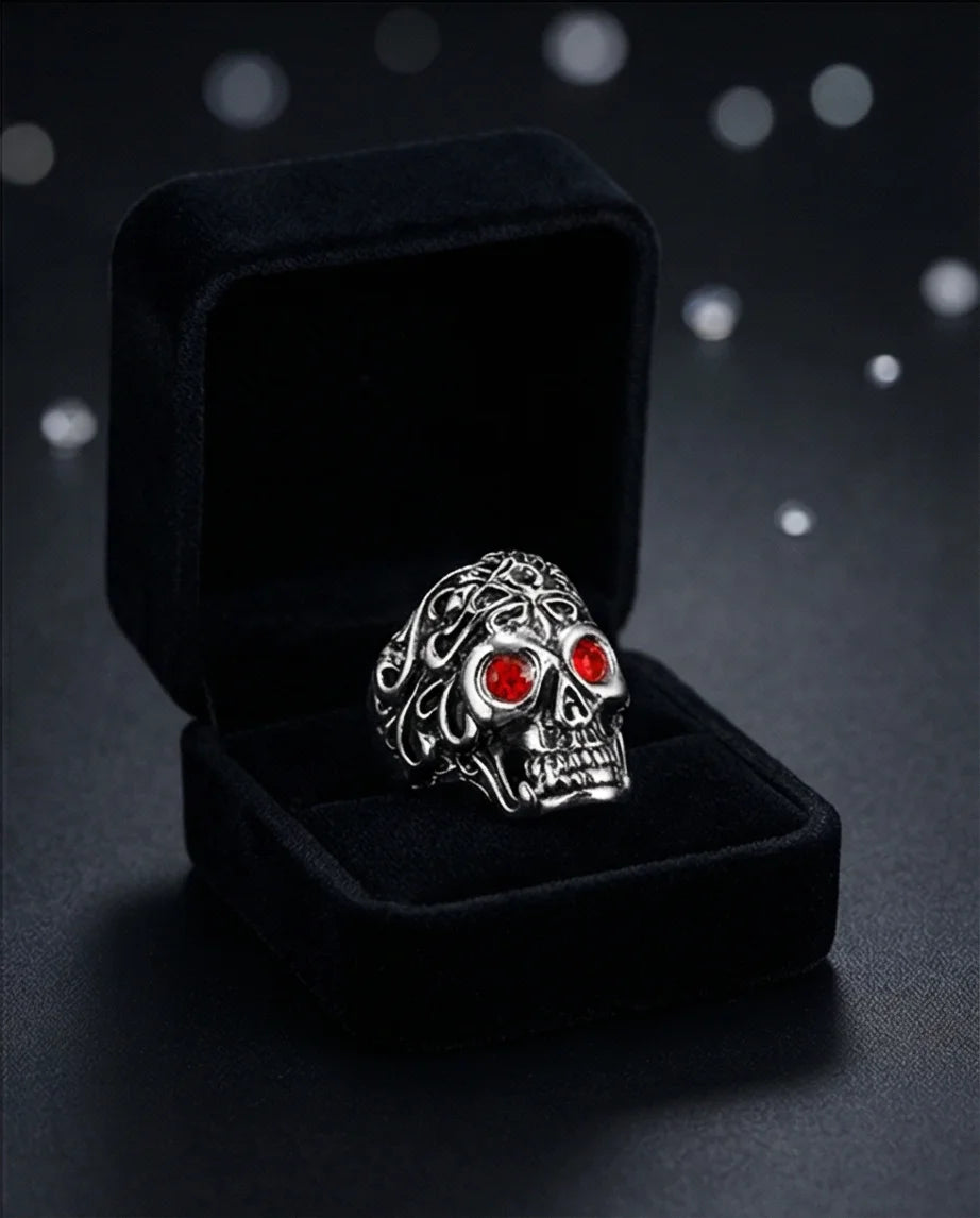The Crimson Gaze: Gothic Skull Statement Ring