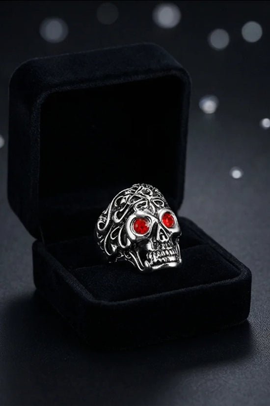 The Crimson Gaze: Gothic Skull Statement Ring