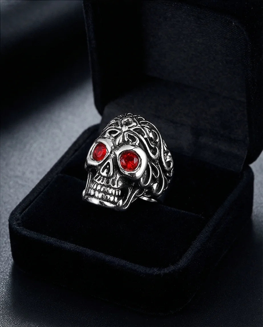 The Crimson Gaze: Gothic Skull Statement Ring