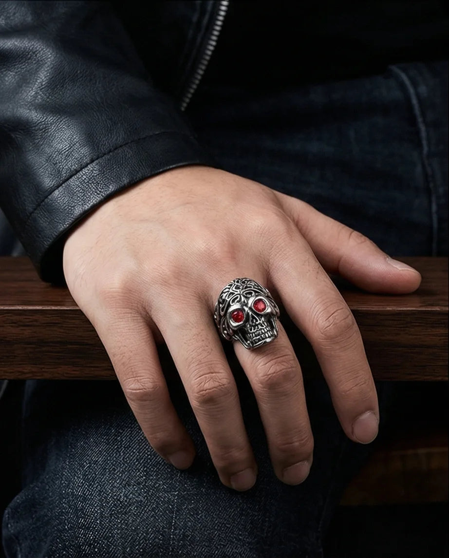 The Crimson Gaze: Gothic Skull Statement Ring