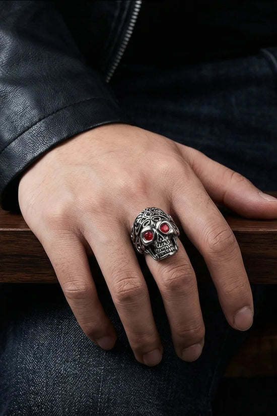 The Crimson Gaze: Gothic Skull Statement Ring