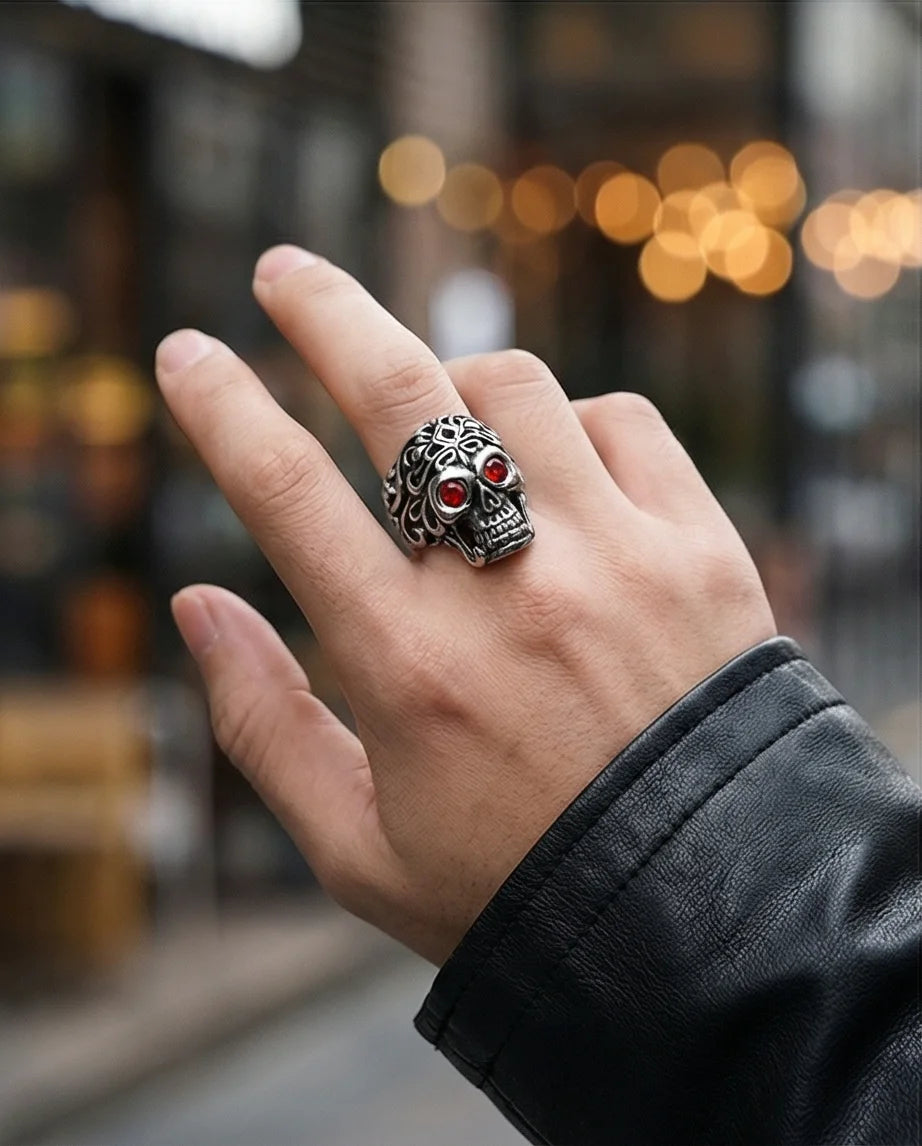 The Crimson Gaze: Gothic Skull Statement Ring