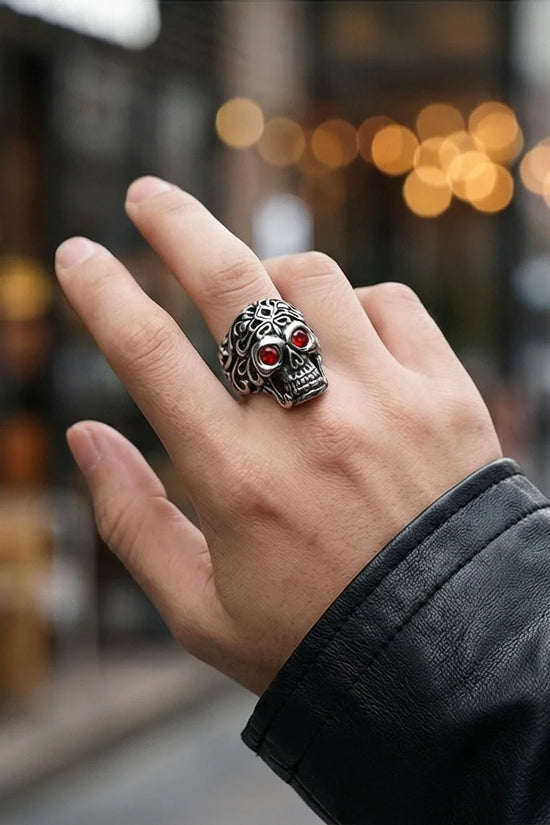 The Crimson Gaze: Gothic Skull Statement Ring