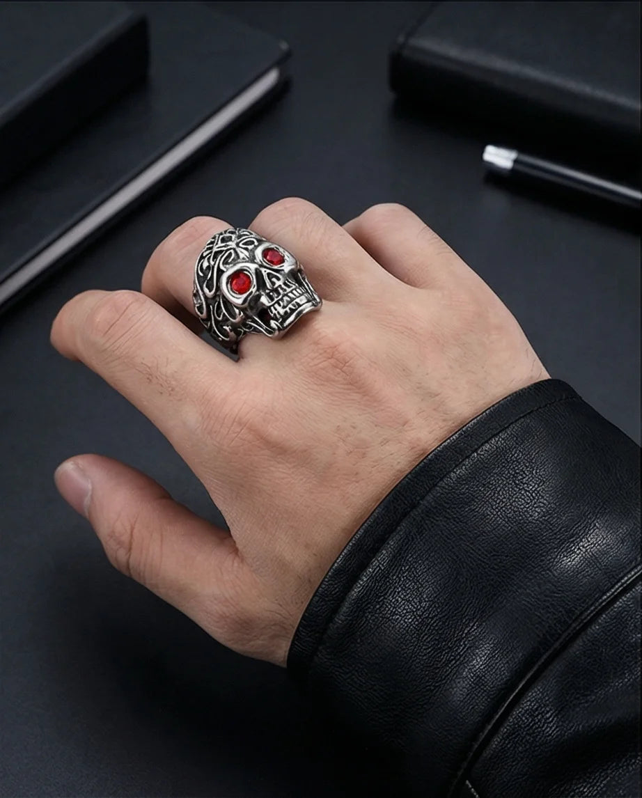 The Crimson Gaze: Gothic Skull Statement Ring