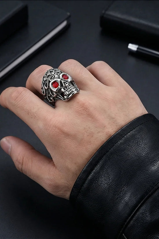 The Crimson Gaze: Gothic Skull Statement Ring