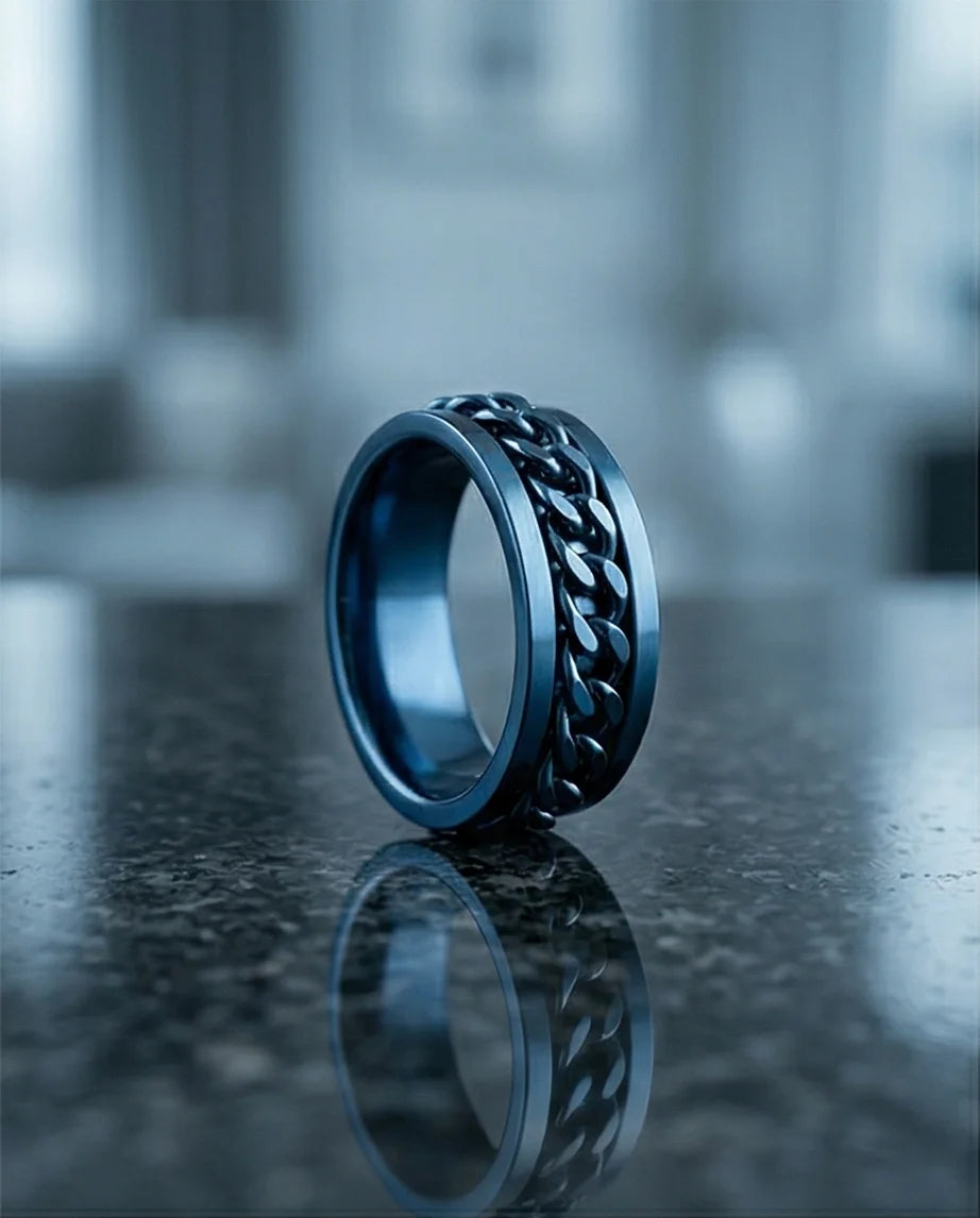 The Cobalt Kinetic: Electric Blue Chain Spinner Ring