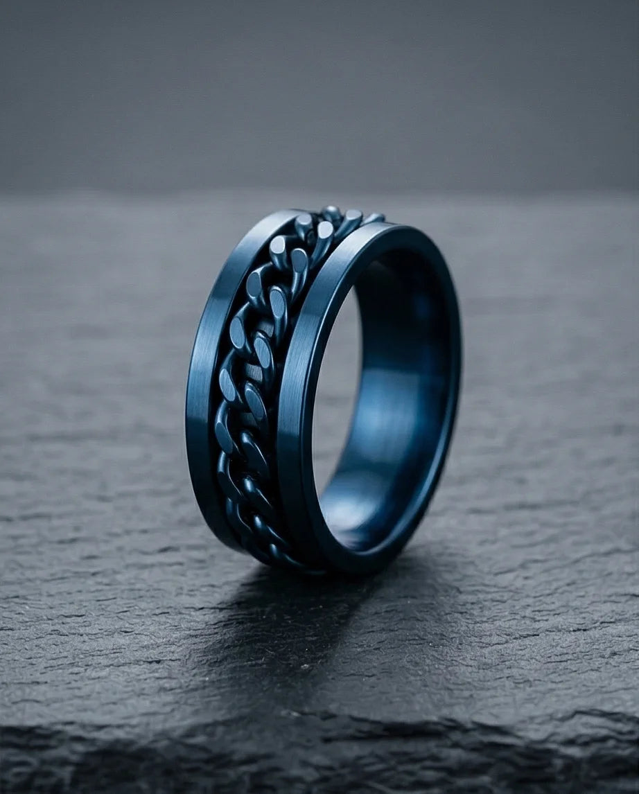 The Cobalt Kinetic: Electric Blue Chain Spinner Ring