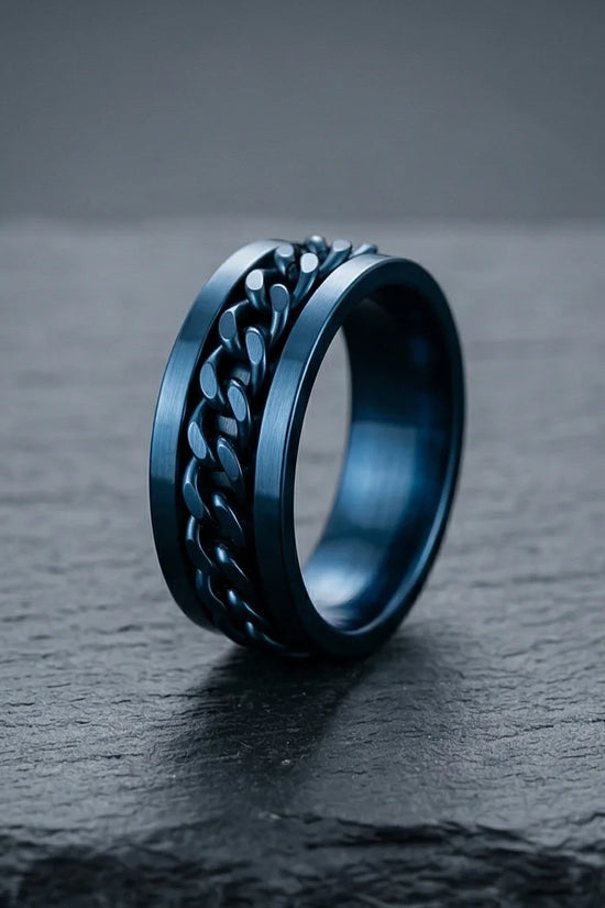 The Cobalt Kinetic: Electric Blue Chain Spinner Ring