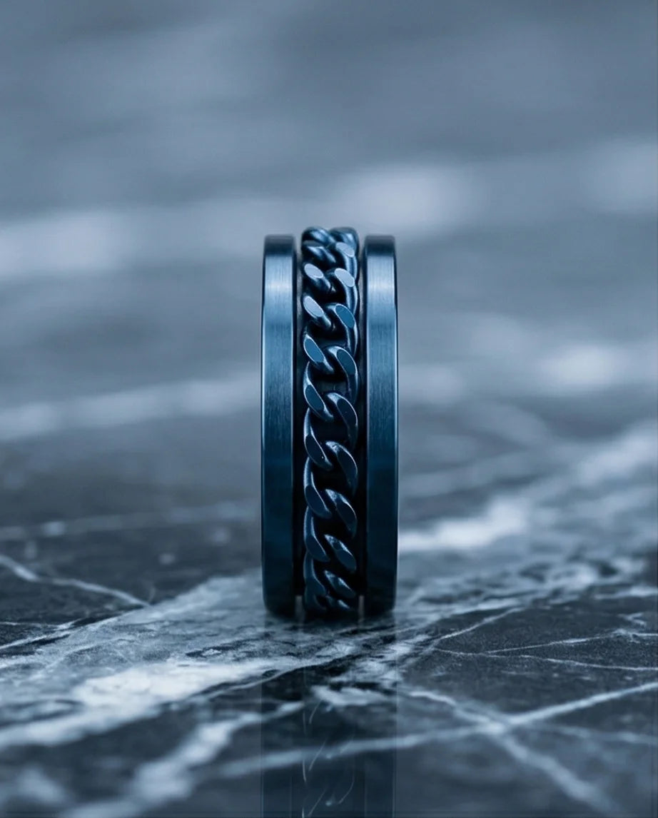 The Cobalt Kinetic: Electric Blue Chain Spinner Ring
