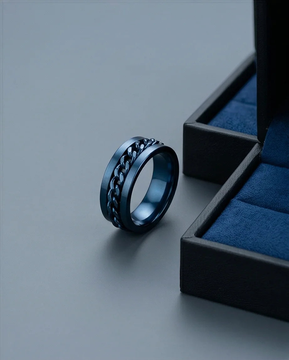 The Cobalt Kinetic: Electric Blue Chain Spinner Ring