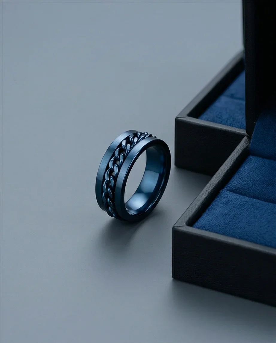 The Cobalt Kinetic: Electric Blue Chain Spinner Ring
