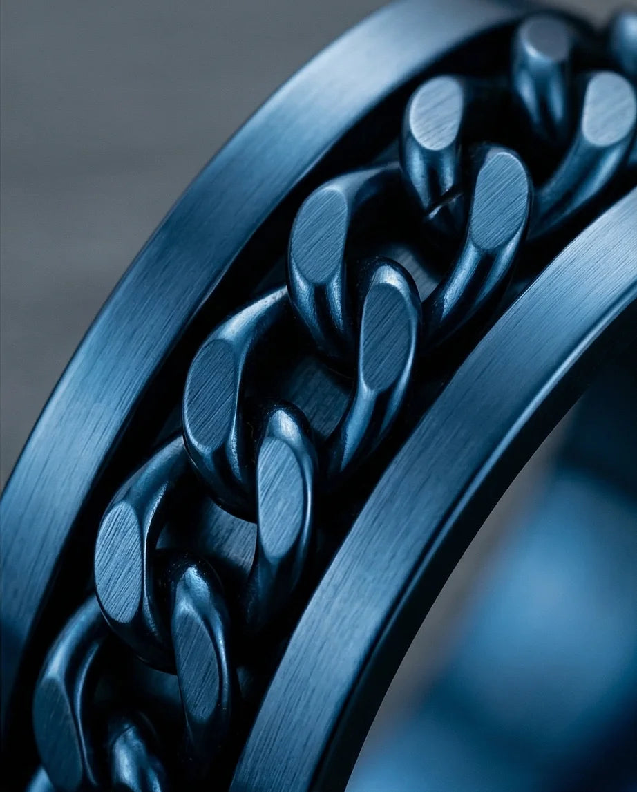 The Cobalt Kinetic: Electric Blue Chain Spinner Ring