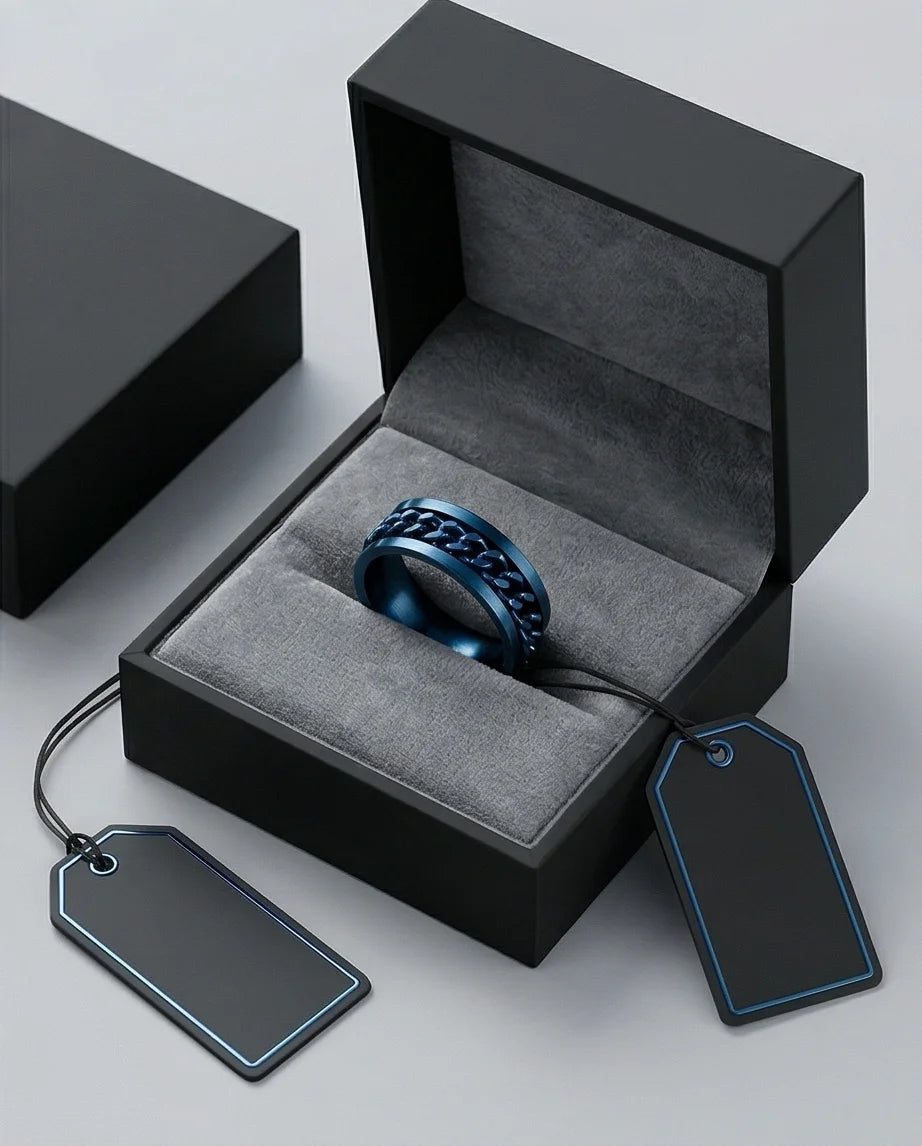 The Cobalt Kinetic: Electric Blue Chain Spinner Ring