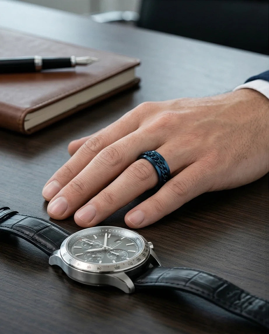 The Cobalt Kinetic: Electric Blue Chain Spinner Ring